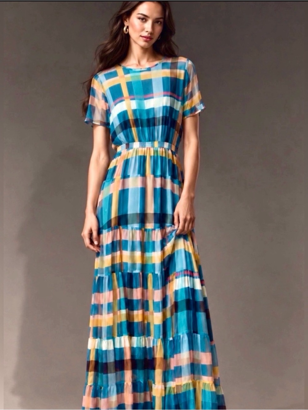 Anthropologie DOLAN Paloma Plaid Tiered Chiffon Maxi Dress Size M